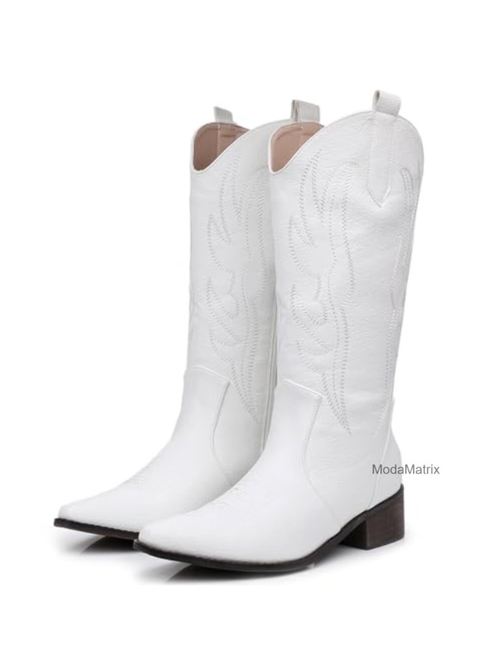 Faux Leather Cowboy Boots Mid Calf Chunky Heel Embroidery Western Boots